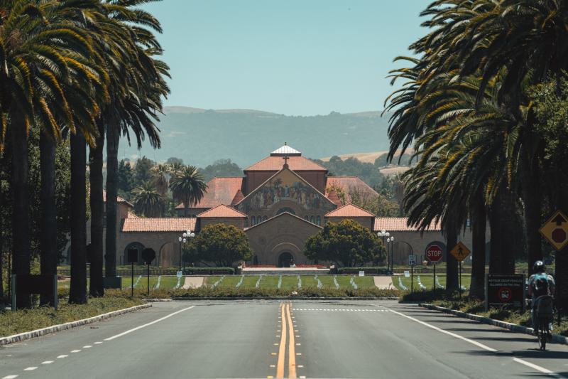 View of the Stanford University oval from University Avenue.  Memorial Church is in view